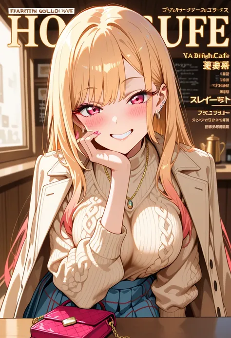 Marin Kitagawa, sitting at a cozy café counter, resting her chin on one hand while slightly pressing her sweater against her body, long loose blonde hair softly swaying, light pink ombre hair, red eyes, earrings, stylish gold necklace, deep V cable knit sw...