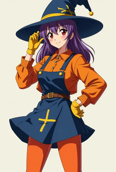 Type of anime: Shōjo from the 80s: Beautiful and slender, full-bodied woman with large breasts, has a cylindrical magic hat on her head in navy blue with a drawing of a yellow cross., She has purple hair and beautiful red eyes, she wears yellow gloves and ...