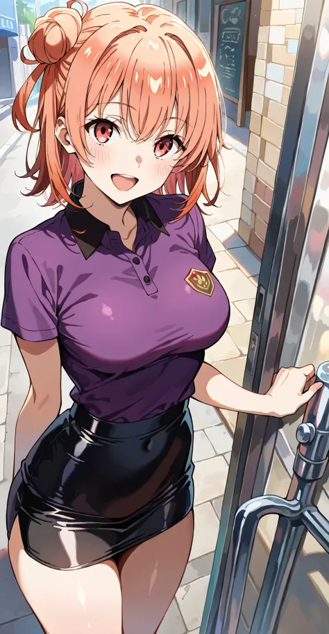 high resolution, masterpiece, best quality, amaging quality,1 girl, Yuigahama Yui(Yahari Ore no Seishun Love Comedy wa Machigatteiru))、 polo shirt、tight mini skirt、medium breasts、town、street、happy，cowboyshot，looking veiwer、