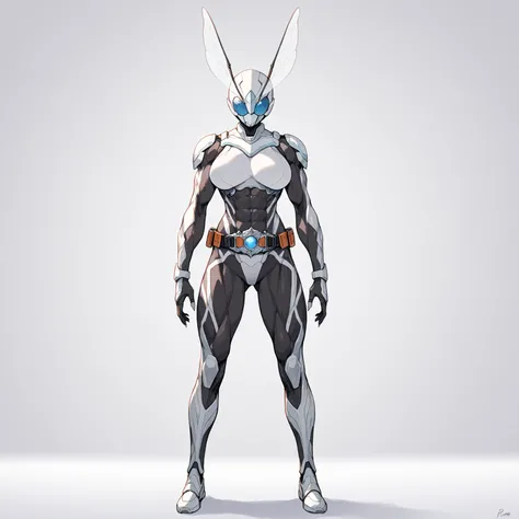 Top quality, full body, standing, from front,looking at viewer, plain white background, pure white background, solid white background.no human features,An insect-like female humanoid monster, large breasts, muscular, a rider belt around her waist