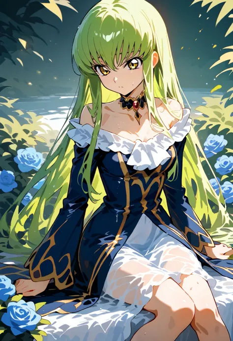 high quality, masterpeace, detailed, detailed beautiful face, detailed clothes, detailed skin, detailed eyes, detailed hair ,1 girl,   c.c., Year 2024 , code geass, ascot,  shoulder out,  Blue Flower, blue  Rose, chest, Bush, choker, closed mouth, collarbo...