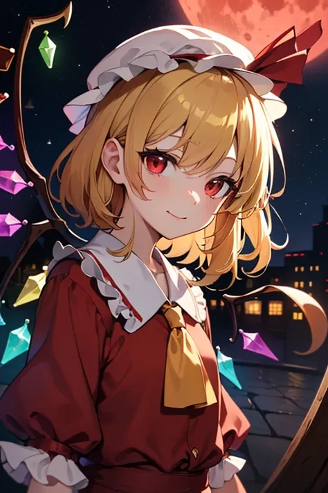  detailed depiction of up to the front door、(( Flandre Scarlet from Touhou Project))、((( Flandre Scarlet)))、(((Red maid outfit)))、  red eyes、(((I can see the red moon above my head )))、(((White nightcap )))、(((I'm in the courtyard of the Red Devil at night...