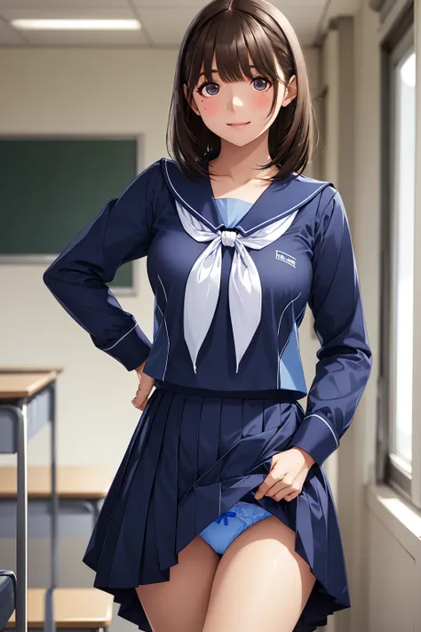  Masterpiece,  top quality,  Hi-Res, Amanaka ,  Hair,  shortcuts,  blue uniform,  blue shirt,  Long Sleeve, Blue Sailor Collar,  white neckerchief ,  pleated skirt,   blue skirt from crotch,  standing, cowboy shot, classroom, ( undressing:1.4), cute underw...