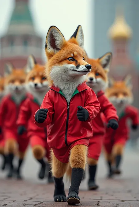  Team of athletes
Style :  funny Moscow foxes .  10 of them are female and 1 male .   Business:  A team of 11 athletes ,  are depicted at the moment of the , competition on Red Square in Moscow .   striving to win .  Each of them shows strength ,  energy a...