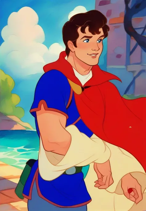 score_9, score_8_up, score_7_up, score_6_up,  animation, retro artstyle, disney style, 1boy pr1nc3 fl0 wairing red cape, white and blue tunic,
location: meadow, outdoors, watercolor background
artistic composition
 