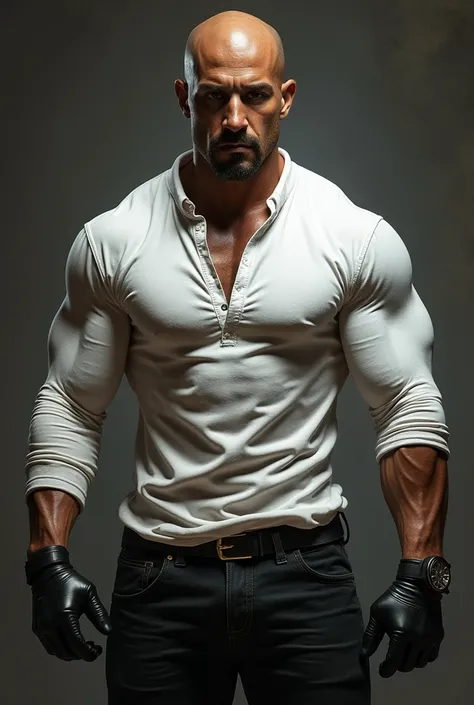  Dominic Toretto with black hair with goatee wearing black latex gloves with white long sleeve shirt with buff abs and muscles 