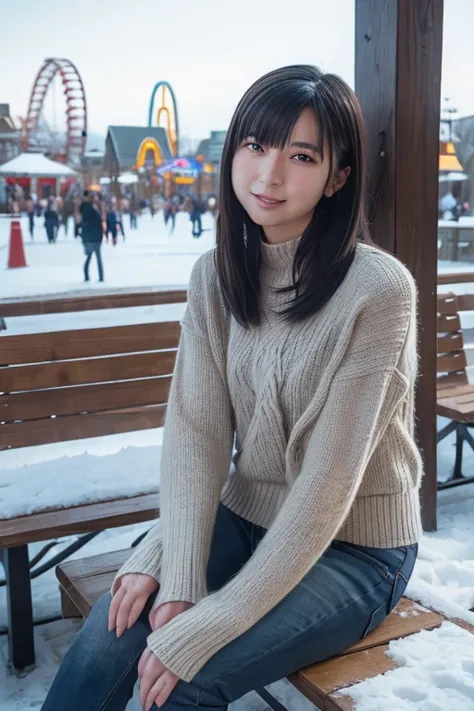 (1girl:1.5), 18yo, black hair, (omitted for charactor), medium breasts, narrow waist, slim legs, medium long hair, (hair blowing window:1.3), smile, close mouth,
winter outfit, sweater, Hand-knitted scarf, knitted globes, jeans, boots,
sitting on bench, re...