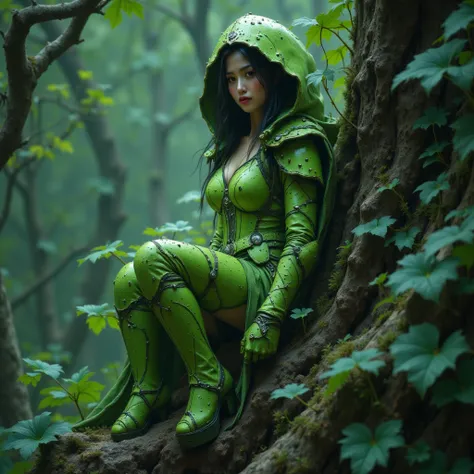 - Main Character, Beautiful "Korean" Woman with green eyes, shoulder length hair, greenish black. facing the camera.

- Wearing a costume ("Full Sexy Armor"), a costume that embodies the form of "Metapod-Pokemon.

(Armor Chest and Thighs slightly open).
Fu...