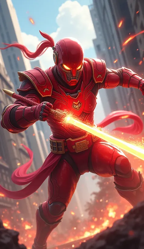 Create an action-packed scene depicting a Red Superhero inspired by Gao the Warrior engaging in an intense battle with Chaien in a vibrant cityscape. The Red Superhero has a muscular build and is adorned in bold red armor with intricate patterns, protectiv...