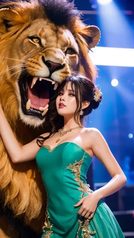 A beautiful woman in a dress blended with a lion
Being a very realistic photo
Express it in as much detail as possible
The images are super high quality、4k
The background is 、 being on a stage illuminated in bright blue 