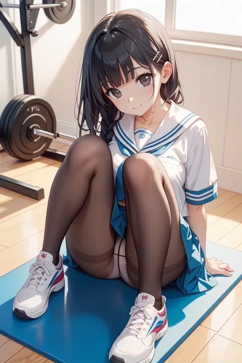  exercise sitting、 Panchira、Fully visible、 black pantyhose 、 white panties、 sailor suit、 black hair、 cute、 black eyes