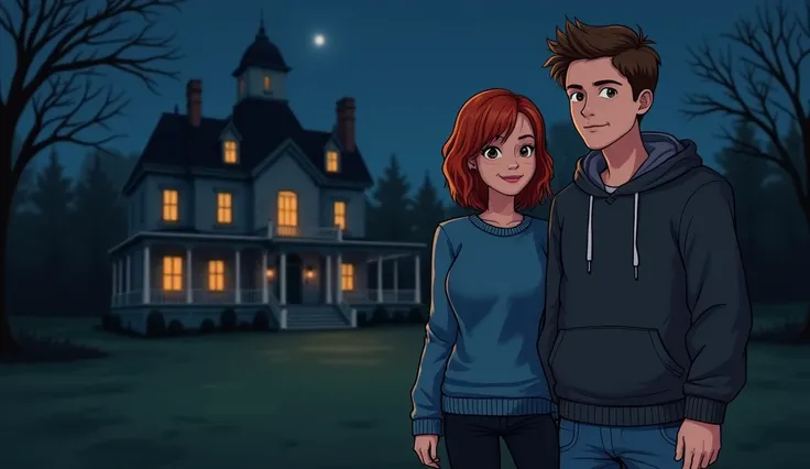 A cartoon-style illustration of Ethan, a young man with short brown hair, wearing a dark hoodie and jeans, and Claire, a woman with shoulder-length red hair, wearing a blue sweater and black jeans, A cartoon-style image of the mansion at night, a single wa...