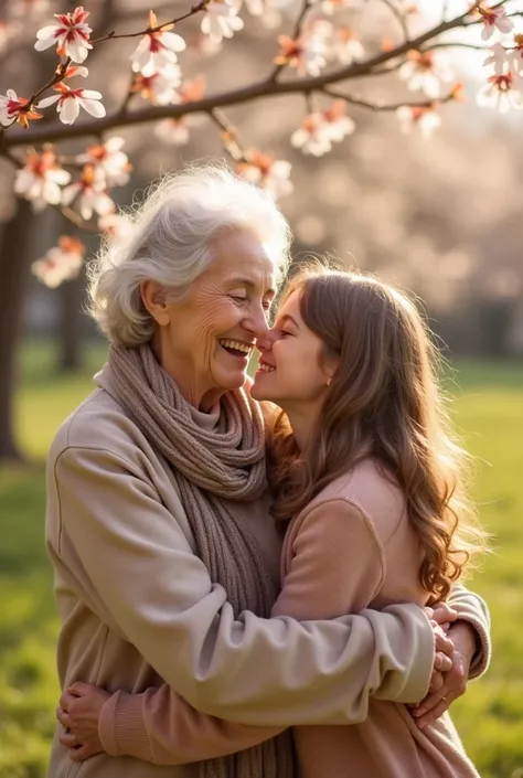 A warm embrace between an old woman and a girl on a beautiful spring day is a heartwarming scene. The gentle breeze and blossoming flowers create the perfect setting for their loving connection. As they share stories and laughter, the bond between generati...