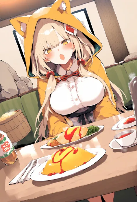 nezuco kamado,1 girl, alone,  long hair, hood,  omurice ,  yellow eyes, blush, food,  open your mouth,  Dutch angle ,  indoors,  looking at the spectator,   sitting ,  hair ornament, animal hood, plate ,  pinza ,  breasts, hood, large  breasts, hood up, so...