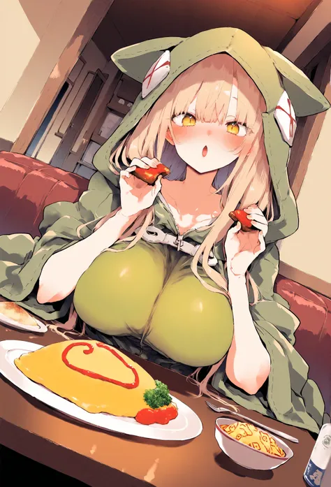 nezuco kamado,1 girl, alone,  long hair, hood,  omurice ,  yellow eyes, blush, food,  open your mouth,  Dutch angle ,  indoors,  looking at the spectator,   sitting ,  hair ornament, animal hood, plate ,  pinza ,  breasts, hood, large  breasts, hood up, so...