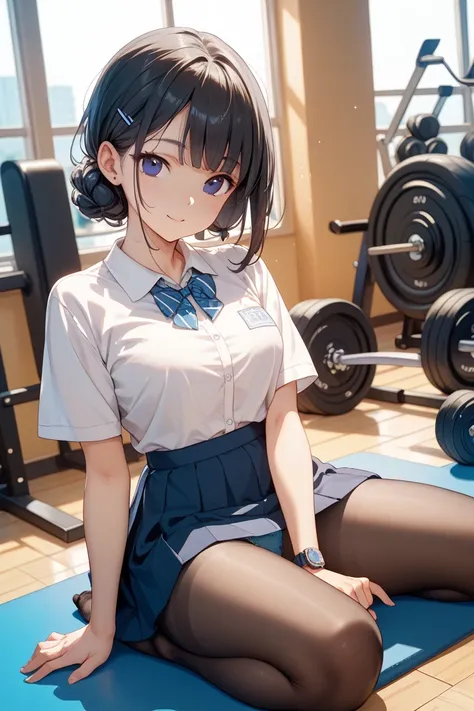  exercise sitting、 Panchira、Fully visible、 black pantyhose 、Blue panties、 jumper skirt、 black hair、 cute、 black eyes