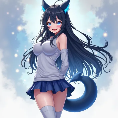 One girl with her tail growing out of her butt,  knee socks、 absolute domain、 short skirt、 long hair,  black hair,  big breasts,  smiles,  blue eyes, 