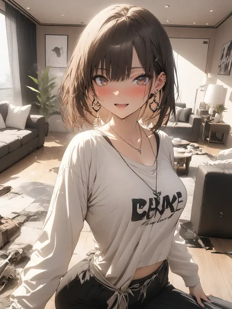 (masterpiece, detailed:1.2), One Girl, (18-years old), brown long Bob Cut, Medium Breasts, BREAK, earring, simple necklace, in living room, BREAK, Highest quality, BREAK, view from avobe