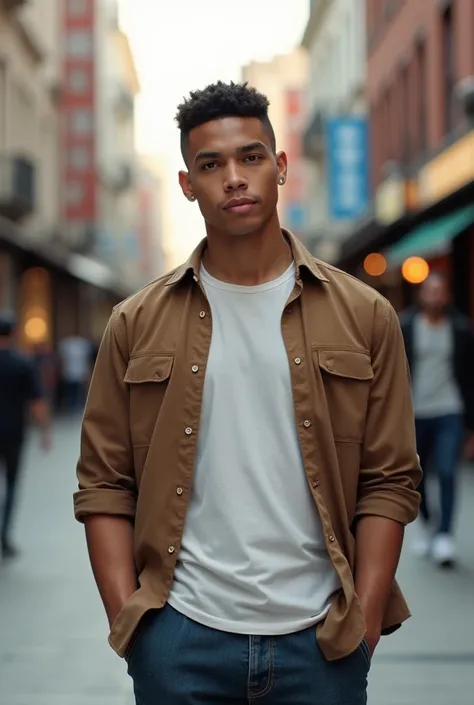 25 years old Charismatic , very short hair man wearing a shirt and t-shirt , he is standing on street 