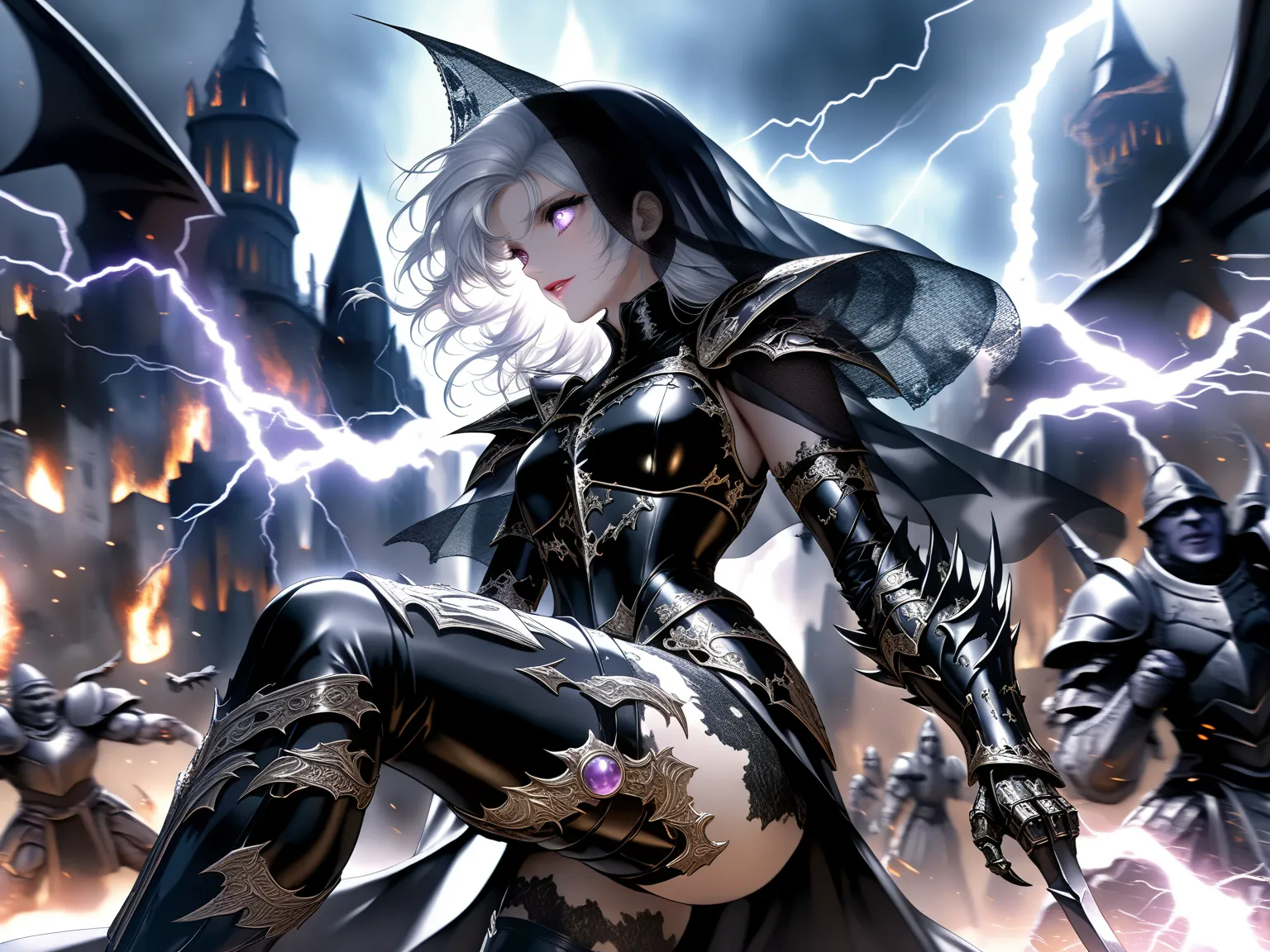 Epic battle scene: 1.3, mature and seductive goddess, (incredible high resolution, masterpiece, highest quality, highly detailed depiction, CG, official art), (evil goddess, fantastic atmosphere), (mysteriously crafted black metal armor: 1.3, leather thigh...