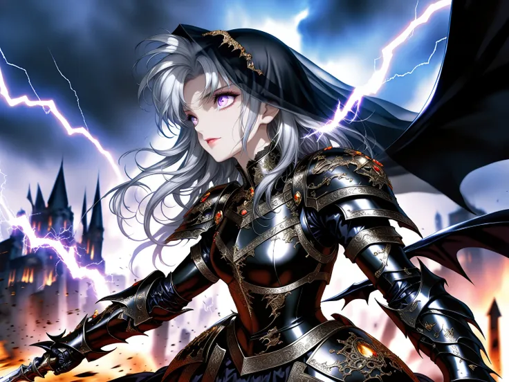 Epic battle scene: 1.3, mature and seductive goddess, (incredible high resolution, masterpiece, highest quality, highly detailed depiction, CG, official art), (evil goddess, fantastic atmosphere), (mysteriously crafted black metal armor: 1.3, leather thigh...