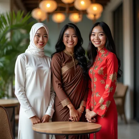 Create a vibrant and high-quality image featuring a wide-angle view of a joyful gathering with three individuals in their 20s, each representing the diverse Malaysian races: one Indian female, one Malay female, and one Chinese female, standing together.

M...