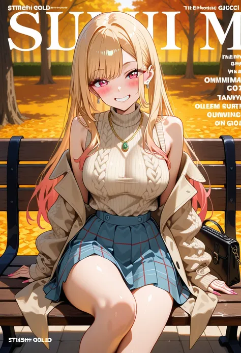 Marin Kitagawa, sitting on a wooden park bench, resting one foot on the seat while lightly pressing her hand against her knit sweater, long wavy blonde hair softly swaying, light pink ombre hair, red eyes, earrings, stylish gold necklace, oversized deep V ...