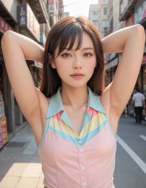 score_9, score_8_up, score_7_up, japanese woman like actress, arm behind head, dark armpit, feminine, rainbow pastel sleeveless collared shirt, small breast, upper body, front view, abandoned shopping street, natural lighting, photo, realistic, high resolu...