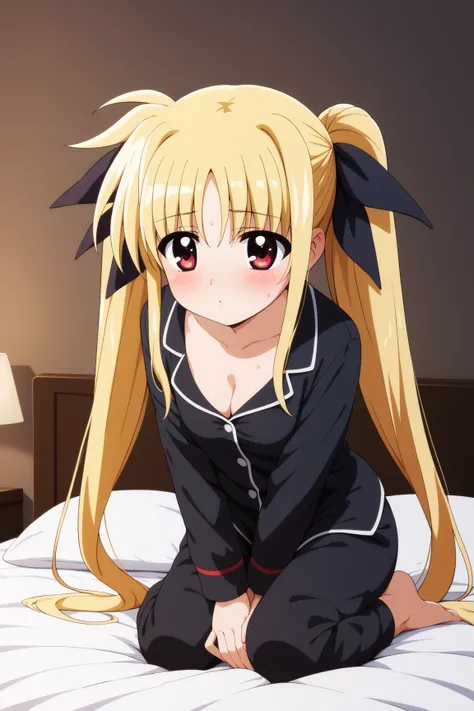 masterpiece,best quality,{{detailed beautiful face and eyes}}, very detailed background,
Fate Testarossa,{{{megami magazine}}},long hair,blonde hair,twintails,hair ribbons,black ribbons,red eyes,small breasts,
((black pajamas)),
1girl,cleavage,(is aroused,...