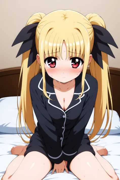 masterpiece,best quality,{{detailed beautiful face and eyes}}, very detailed background,
Fate Testarossa,{{{megami magazine}}},long hair,blonde hair,twintails,hair ribbons,black ribbons,red eyes,small breasts,
((black pajamas)),
1girl,cleavage,(is aroused,...