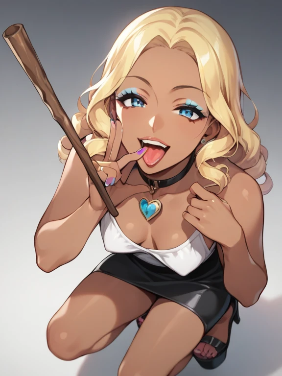  score_9,  score_8_  up the side,  score_7_  up the side,  score_6_  up the side,  score_5_  up the side,  score_4_  up the side, Anime, tag1,  tag2，nsfw， uncensored ， 1 female,  Tight woman with dark mocha skin with almond eyes、 long blonde curly hair,  j...