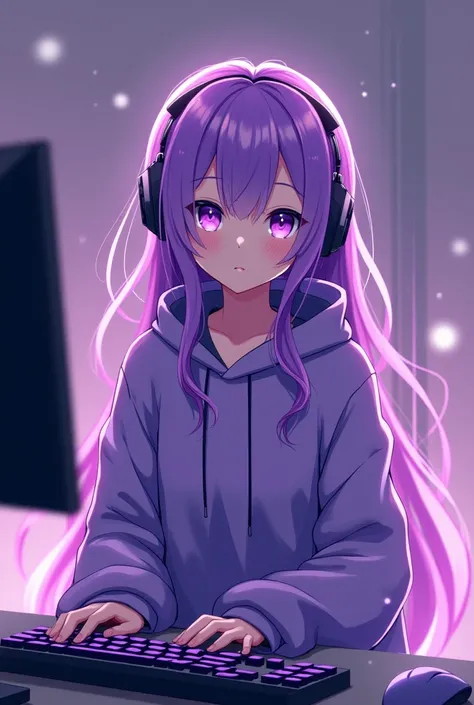 anime wallpaper, purple wallpaper, anime wallpaper, wallpaper girl, headphones, headphone girl, headphones, wa, anime, wallpaper hd, 1girl, solo, headphones, long hair, hood, looking at viewer, hood down, keyboard (computer), bangs, purple eyes, monitor, l...