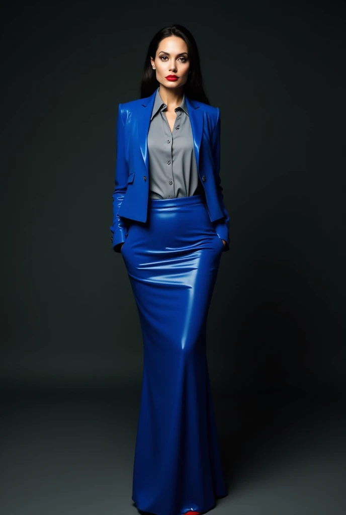  Angelina Jolie as a bossy business woman ,  long-sleeved grey latex blouse ,  electric blue short latex jacket , **fastened with one button**,  long fitted electric blue latex maxi skirt,  long red high-platform boots with vinyl heels .  hair combed back ...