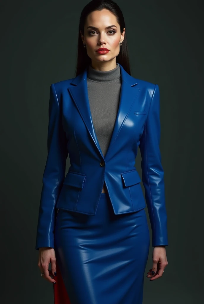  Angelina Jolie as a bossy business woman ,  long-sleeved grey latex blouse ,  electric blue short latex jacket , **fastened with one button**,  long fitted electric blue latex maxi skirt,  long red high-platform boots with vinyl heels .  hair combed back ...