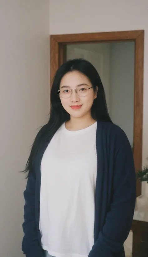 Beautiful woman with perfect body and big boobs, wearing a plain T-shirt combined with a bludru jacket, looks fashionable but remains casual, combined with glasses and also a dazzling smile, dengan latar lorong apartement, sedang ingin membuka pintu.