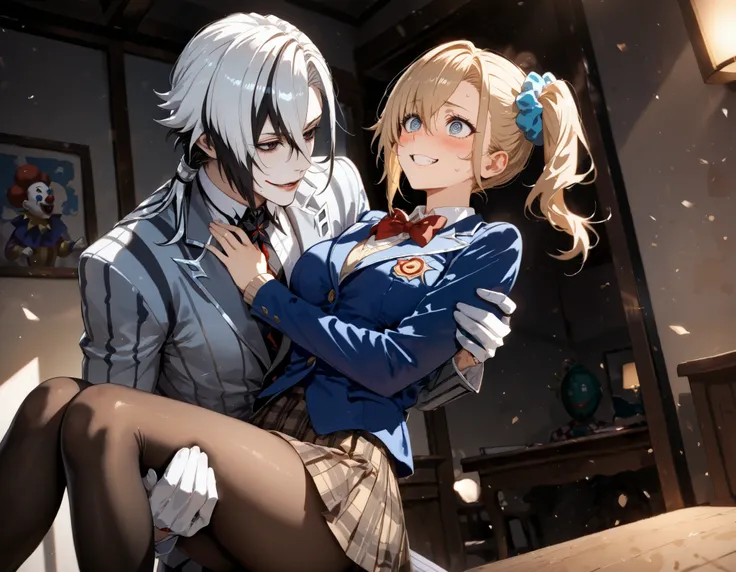 1boy,1girl,male,elder,brown hair,Arlecchino,clown,joker,clown costume,checkered costume,grin,princess carry,hand_on_another's_chest,curvy,blonde hair,Side ponytail,hair scrunchie,hair ornament,blue scrunchie,blue eyes,Swept bangs,perfect anatomy,10 heads t...