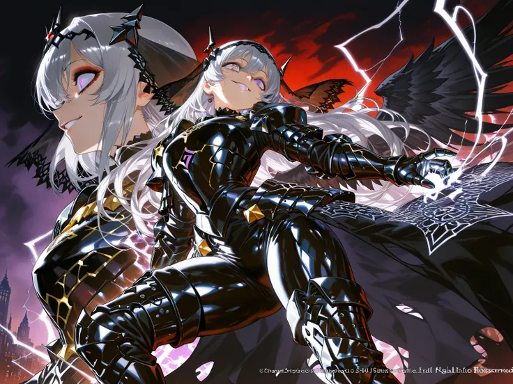 Epic battle scene: 1.3, mature and seductive goddess, (incredible high resolution, masterpiece, highest quality, highly detailed depiction, CG, official art), (evil goddess, fantastic atmosphere), (mysteriously crafted black metal armor: 1.3, leather thigh...