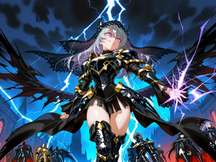 Epic battle scene: 1.3, mature and seductive goddess, (incredible high resolution, masterpiece, highest quality, highly detailed depiction, CG, official art), (evil goddess, fantastic atmosphere), (mysteriously crafted black metal armor: 1.3, leather thigh...