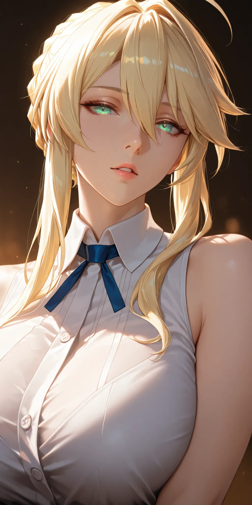 Masterpiece, very aesthetic, vibrant, high contrast, elegant mature woman, artoria pendragon (lancer) (fate), upper body, curvaceous,sleeveless collared shirt, seductive, parted lips, soft light, best quality, semrealistic, honkai: star rail cg style