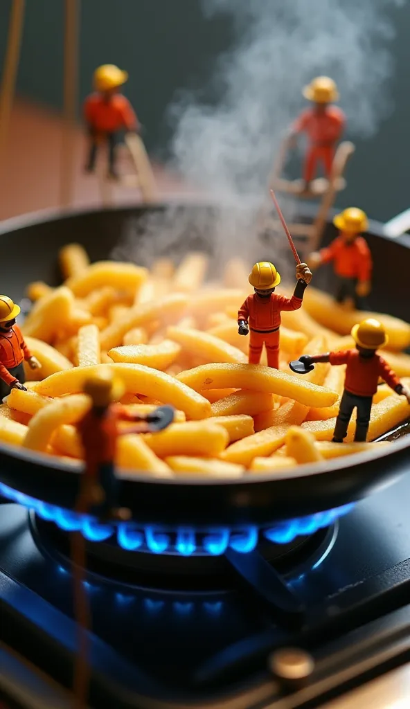 A highly detailed and realistic image of miniature construction workers dressed in bright orange uniforms and yellow helmets working inside a large frying pan filled with golden, crispy French fries. The pan is placed over a blue gas flame, with hot oil bu...