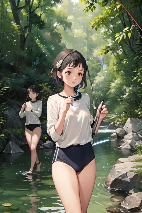 masterpiece, Highest quality,plural, Three Girls, In a beautiful river、Fish hanging、(Holding a fishing rod:1.4)、(Holding a bucket)、Water Play、Sandals, Black Hair, short hair、Long Hair, Hair ties, hair band, hair ornaments,  dappled daylight、Outdoor, I have...