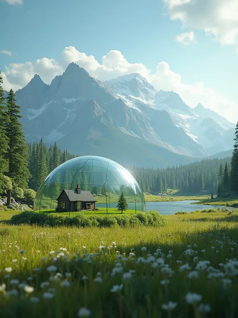  A world in a glass shroud， A meadow ， on the prairie ， in the distance there are mountains and forests ，And the house ， photorealistic, Realism