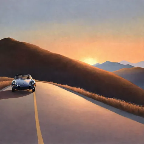 A classic Porsche 911, headlights on, driving through a winding mountain pass at twilight. The car is taking a left corner, with its headlights casting light across the darkened road. The surrounding landscape is calm, with the soft, fading glow of twiligh...