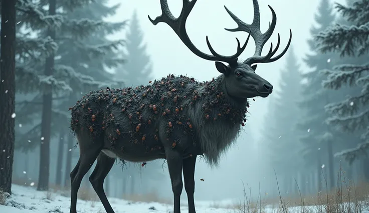 A majestic reindeer standing in a snowy forest, its body completely covered in beetles instead of fur. The beetles crawl over its antlers and legs, creating a surreal and eerie effect. The environment is cold and misty, with tall pine trees in the backgrou...