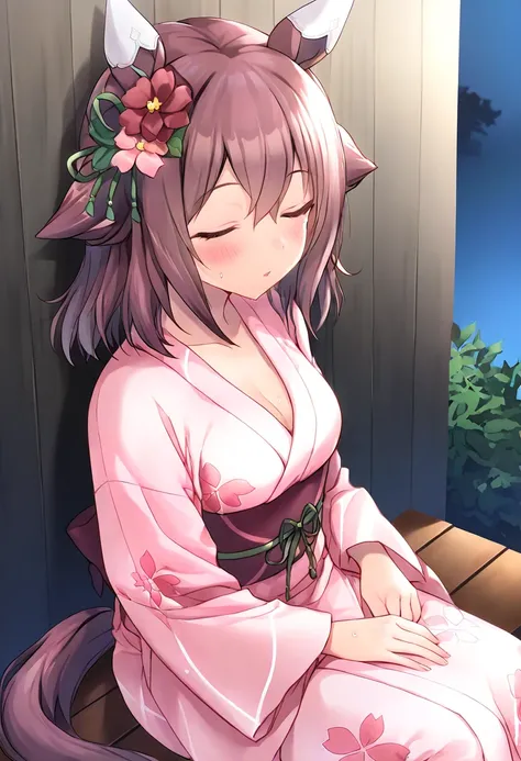 shoot from side, shoot from above, night, sleeping, closed eyes, parted lips, blush, sweat, indoor, sitting on bench, leaning on wall, yukata, floral printed yukata, lite pink yukata, ((1 girl)), umamusume, Sakura Chiyono O, 1girl, solo, eyes, animal ears,...