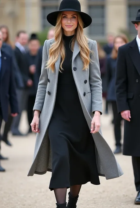 A high-quality photo of a young 23-year-old beautiful  woman of royal family with long blonde hair and white skin. she is beautiful and soft makeup. She wearing midi black dress and grey long coat, with pretty desain, the coat have long sleeves and have pr...