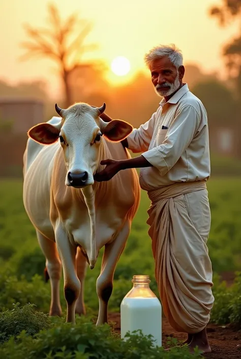 A beautiful, healthy white and brown cow named Lakshmi stands in a clean, green farm. The cow looks well-fed and is being patted by its owner, Raman, a middle-aged farmer with a kind face, wearing a traditional outfit (dhoti and kurta). There are several m...