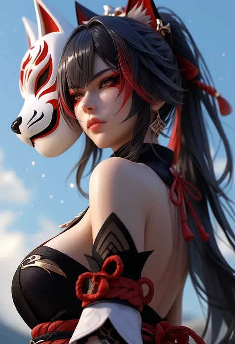 View from below, 1 girl, very beautiful, sparkle \(honkai: star rail\),1girl,Alone,fox mask,ninja outfit, Japanese clothes,black,bare shoulders.  girl, long straight hair, Black hair with red highlights, Bangs, Ponytail, A fox mask is on the head., Beautif...