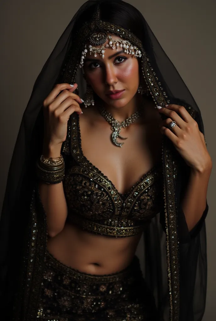 (masterpiece, best quality:1.2), She is draped in a low waist black lehenga with delicate gold embroidery, giving her an ethereal, moonlit glow. Her black sheer veil barely grazes her bare stomach, fully exposing her deep navel and slim waistline. A pearl-...