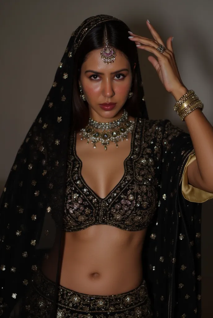 (masterpiece, best quality:1.2), She is draped in a low waist black lehenga with delicate gold embroidery, giving her an ethereal, moonlit glow. Her black sheer veil barely grazes her bare stomach, fully exposing her deep navel and slim waistline. A pearl-...